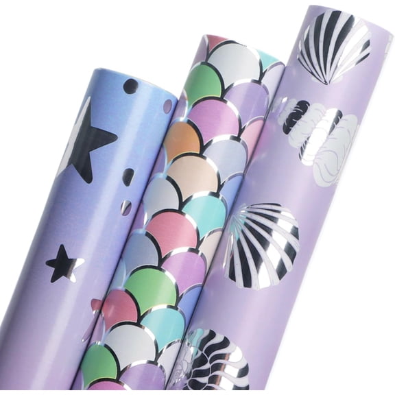 Mermaid Scale Scallop Birthday Wrapping Paper 3 Rolls Pink and Lavender Purple Mermaid Wrapping Paper for Girls- Mini Roll 17 inch x 120 inch(10feet) Per Roll