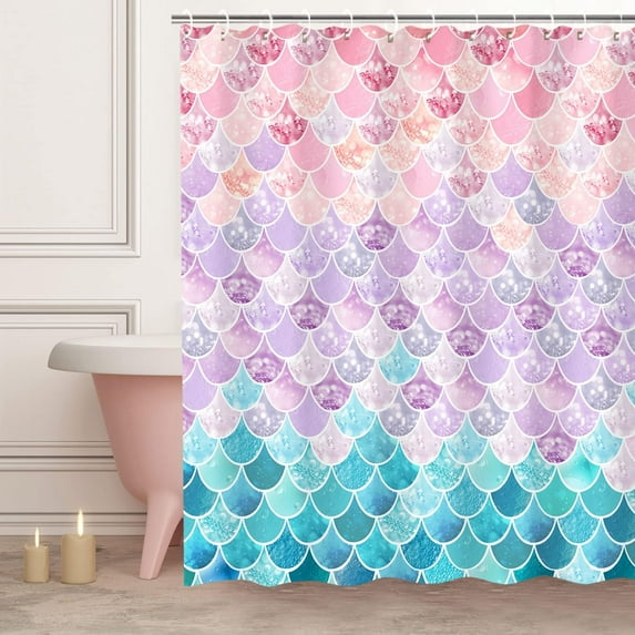 Mermaid Scale Shower Curtain, Mermaid Shower Curtain, Ocean Themed Shower Curtain, Pink and Blue Shower Curtain, Fantasy Girls Bathroom Decor with 12 Hooks, 72''''W x 72''''H