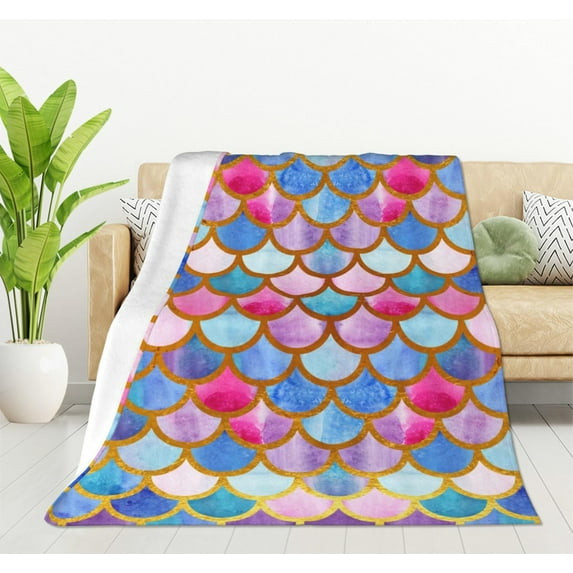 Mermaid Scales Blanket,Watercolor Fish Scales Decor Blankets Soft Warm Throw for Women Girls Birthday, Home Living Room Decoration 50"x60"