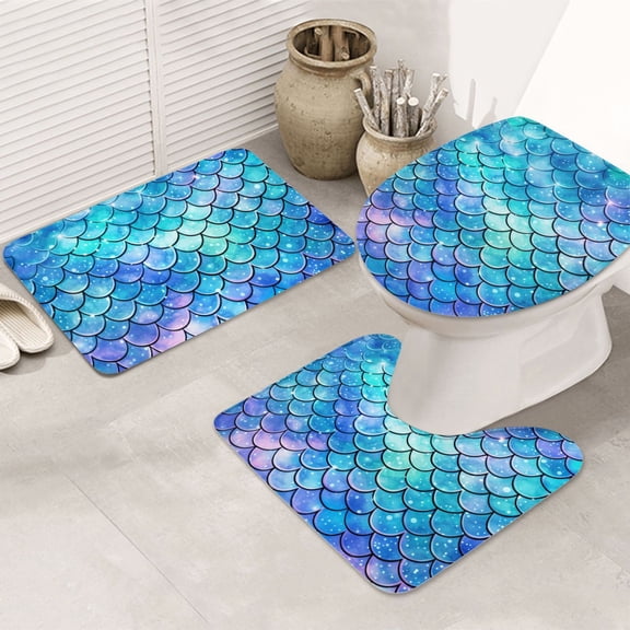 Mermaid Scales Fish Scale Blue 3-Piece Bathroom Rug Sets - Non-Slip Bath Mat 31.5"x19.7" with U-Shaped Contour Mat Toilet Lid Cover