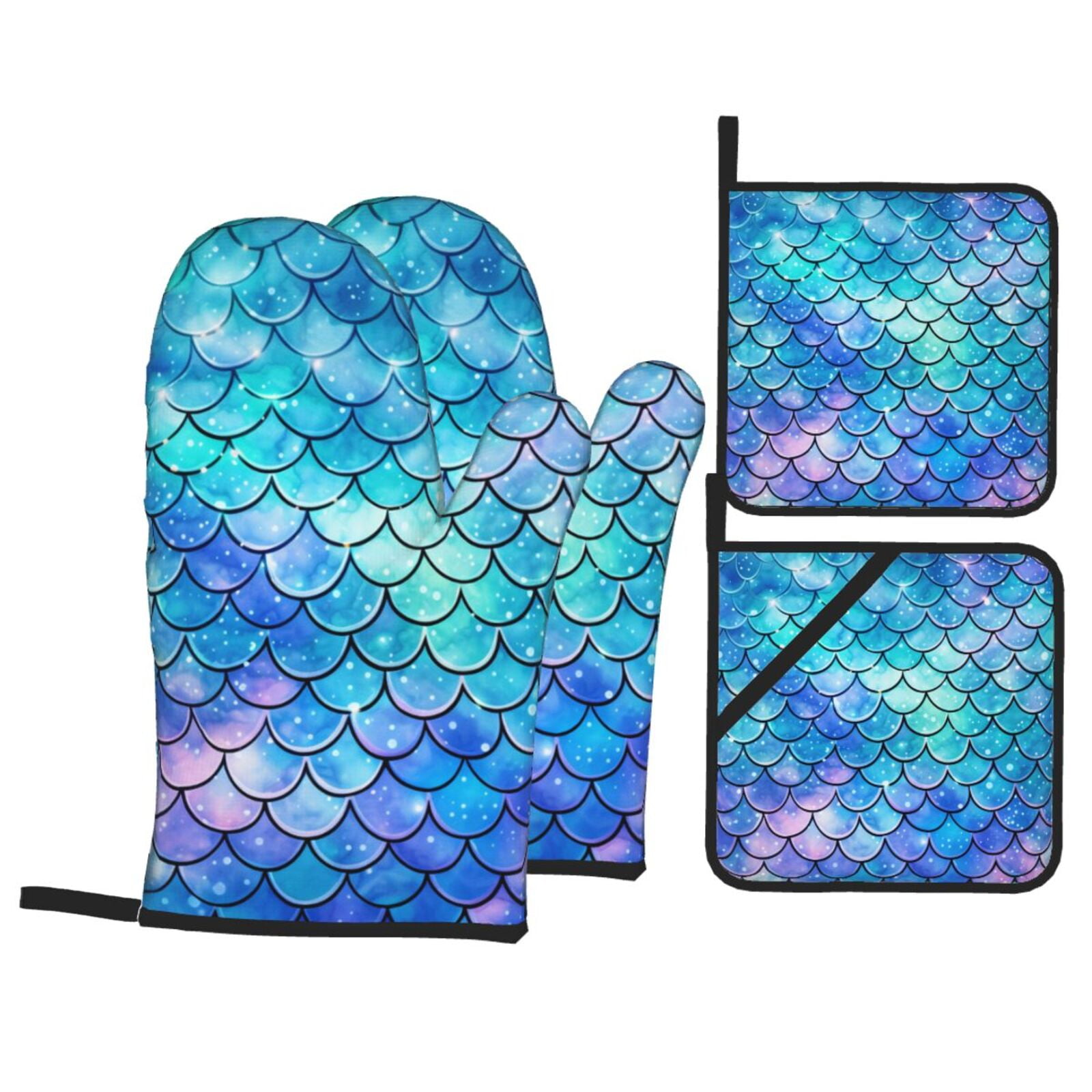 Mermaid Scales Fish Scale Blue 4Pcs Oven Mitts and Pot Holders Sets Oven Kitchen Gloves Hot Pads for Cooking BBQ Baking Grilling