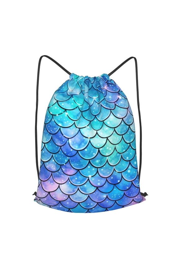 Mermaid Scales Fish Scale Blue Drawstring Backpack Gym String Bag Sports Sackpack Cinch Sack, Small