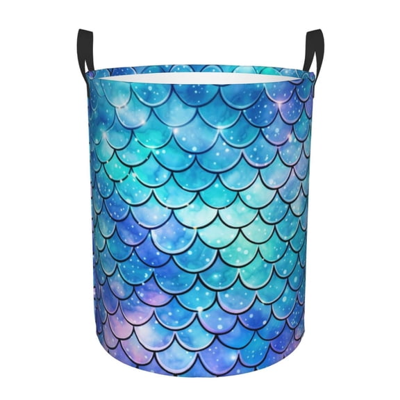 Mermaid Scales Fish Scale Blue Foldable Laundry Hamper with Handle Storage Basket for Clothes Toys & Organizing