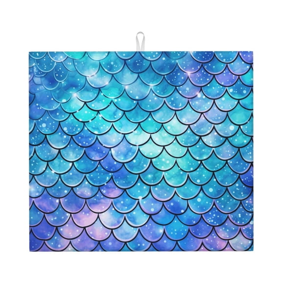 Mermaid Scales Fish Scale Blue Kitchen Drying Mat 18x16 Inch Ultra Absorbent Countertop Mat Foldable with Hanging Loop