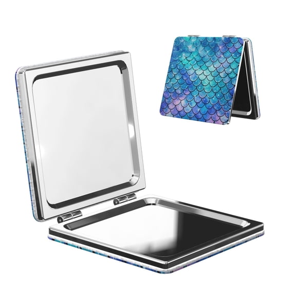 Mermaid Scales Fish Scale Blue Portable Double-Sided Face Mirror Square, Magnifying Compact Pocket Mirror with PU Leather Cover