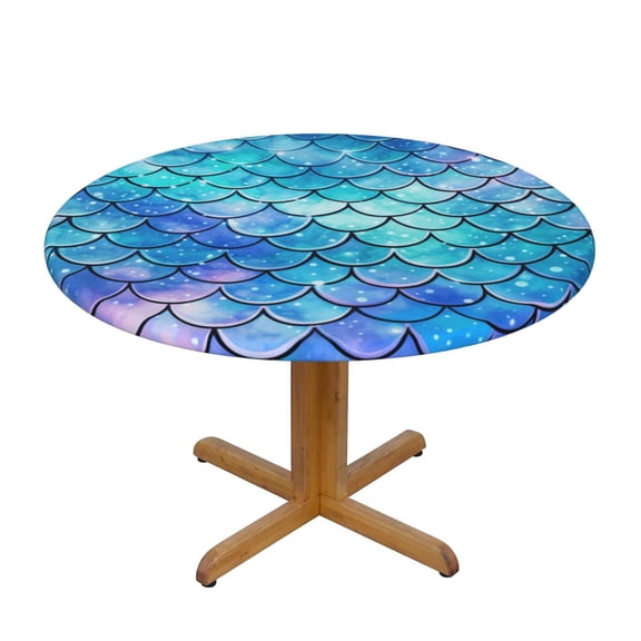 Mermaid Scales Fish Scale Blue Round Fitted Tablecloth Elastic Edged Table Cloth Waterproof Table Cover 48in