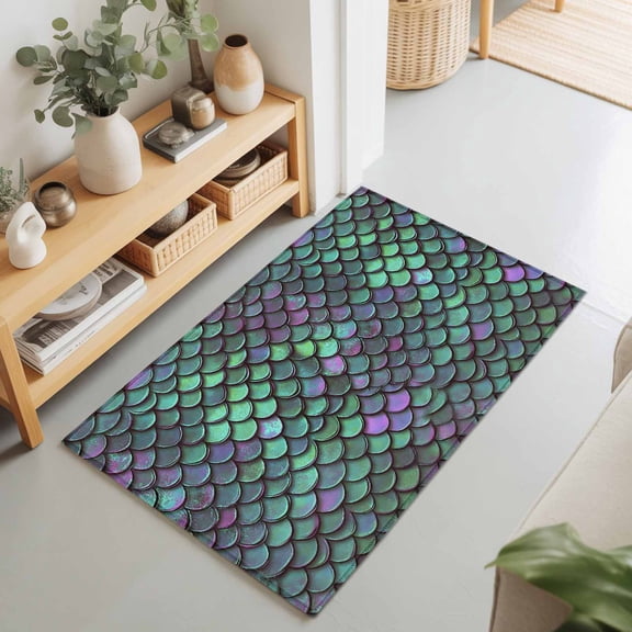 Mermaid Scales Green Gradient Rectangle Area Rug 2x3ft,Living Room Rug Non-Slip Washable Circle Rugs Pad,Watercolor Soft Floor Carpet for Bedroom Dining Room