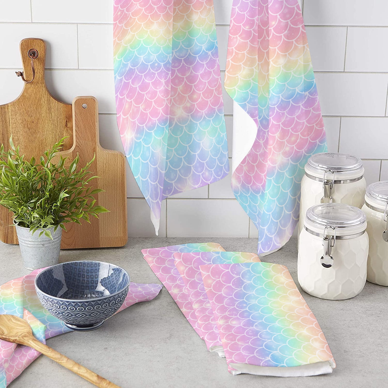 Mermaid Scales Microfiber Kitchen Towel for Hand Dry Bathroom Cleaning Cloth Set Printed Beach