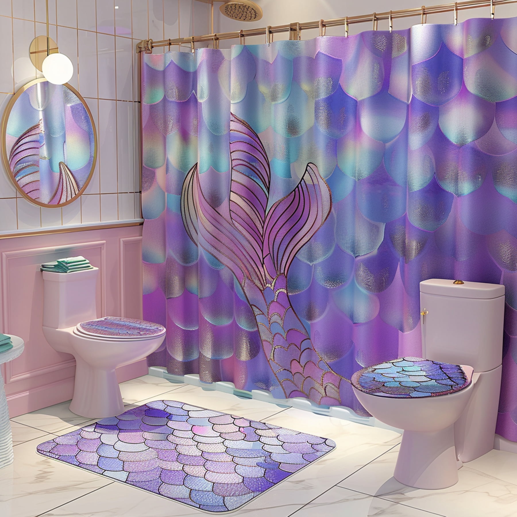 Mermaid Scales Purple & Blue Bathroom Set with Watercolor Style