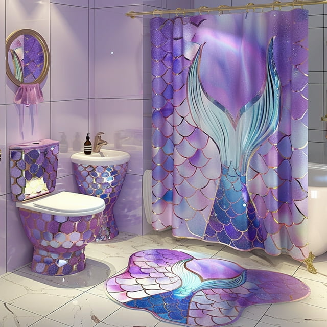 Mermaid Scales Purple and Blue Bathroom Set with Mermaid Tail Toilet ...