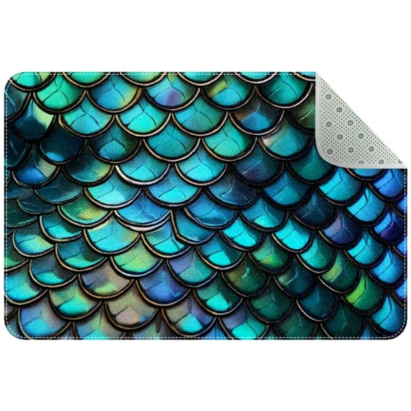 Mermaid Scales Turquoise Small Area Rug, Non-Slip Door Mat Indoor Floor Mat, Washable Kitchen Rug Entrance Door Mat for Bedroom Living Room