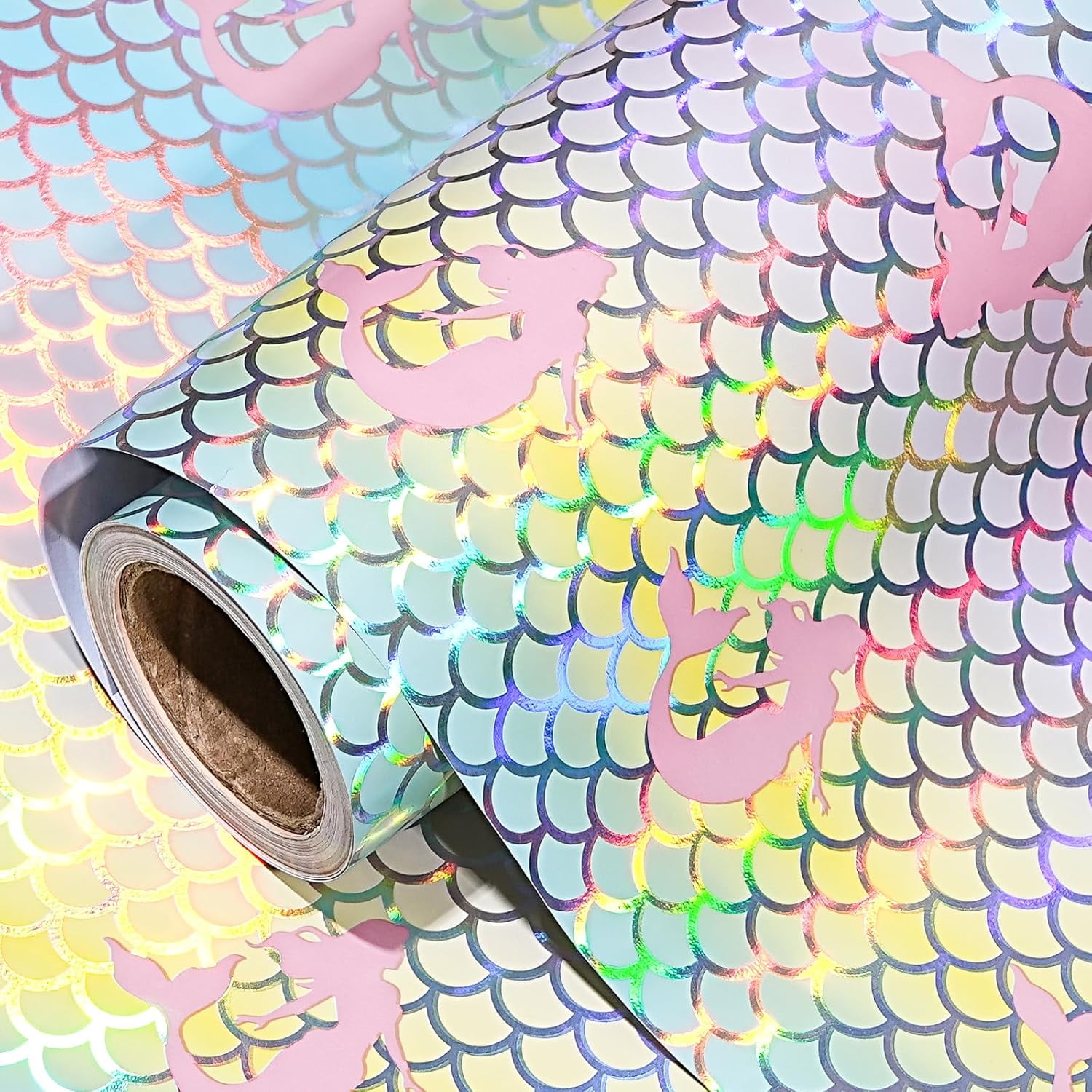 Mermaid Scales Wrapping Paper for Girls, Metallic Holographic Mermaid Scale Print Fantasy Ocean Sunmer Design for Birthday, Graduation, Wedding, Baby Shower, Mini Roll, 17 IN x 32.8 FT