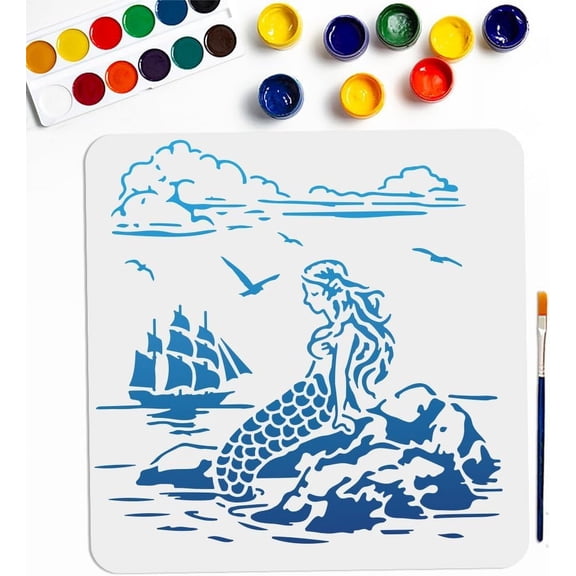 Mermaid Sea Boat Stencils 11.811.8inch Large Ocean Creatures Landscape Template with Paint Brush Summer Sailboats Reef Seagull Clouds Drawing Stencil