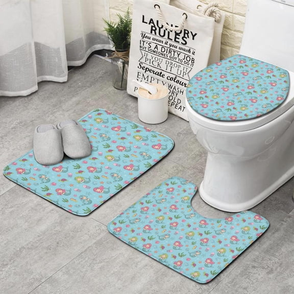 Mermaid Sea Creature Pattern Bathroom Rugs Sets 3 Piece,Toilet Cover Set,Absorbent Non Slip Bathroom Mats Sets with U-Shaped Contour Rug Toilet Rug Set