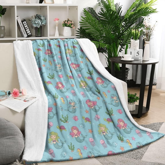 Mermaid Sea Creature Pattern Blanket,Comfortable Soft Flannel Throw Blanket,All Season,Warm Lightweight Blankets for Sofa Bed Couch Living Room Chair,50"x60"