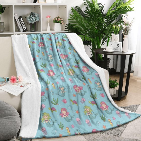 Mermaid Sea Creature Pattern Blanket,Comfortable Soft Lamb Wool Throw Blanket,All Season,Warm Lightweight Blankets for Sofa Bed Couch Living Room Chair,50"x60"