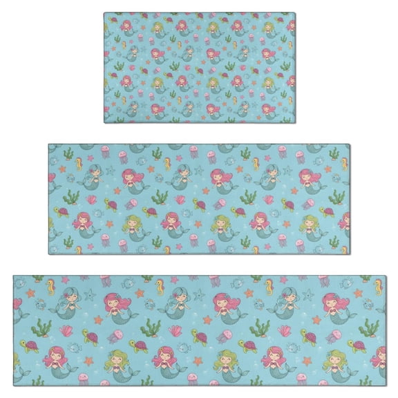 Mermaid Sea Creature Pattern Kitchen Rugs Sets Of 3,Kitchen Runner Rugs Non Skid Washable,Decorative Kitchen Floor Mats for Kitchen,Sink,Laundry,17"x30"+ 17"x47" + 17"x59"