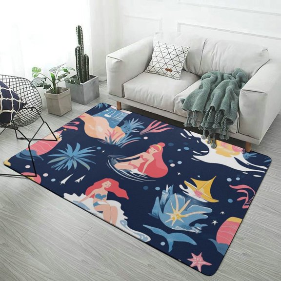 Mermaid Sea Pattern Dark Soft Comfy Area Rugs Carpet Suitable for Living Room Kitchen Bedroom Laundry Room Home Decorations