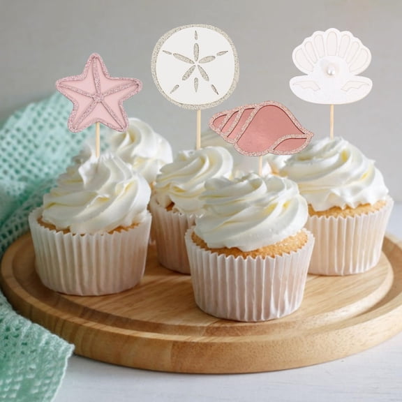 Mermaid Sea Shell Cupcake Toppers - 12 PCS Ocean Beach Party Decor, Neutral Boho Design, Under the Sea Birthday Celebration