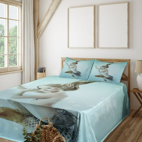 Ambesonne Mermaid Fitted & Top Sheet Set with Shams, Mythologic Lady Nautical, Seafoam Beige Brown