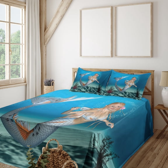Mermaid Sheet Set, Graphic of a Mermaid in Tropical Ocean Creature, Fitted and Flat Sheet with Pillowcases Bedding Accent 4 Piece Set, Full, Sea Blue Navy, by Ambesonne