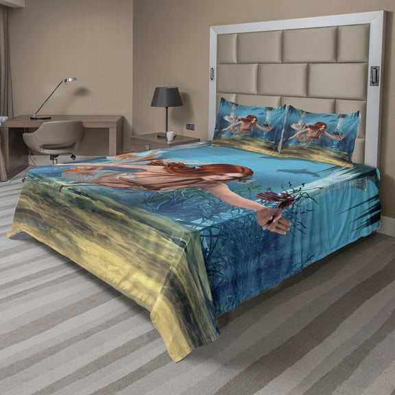 Ambesonne Mermaid Fitted & Top Sheet Set with Shams, Magic Aqua Sea Lily, Burnt Sienna Pale Blue