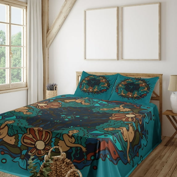 Ambesonne Mermaid Fitted & Top Sheet Set with Shams, Vintage Marine Theme, Teal Red Cream
