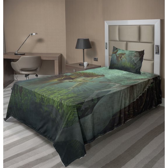 Ambesonne Turquoise Fitted & Top Sheet Set with Sham, Mermaid with Seahorse, Amber Green Aqua