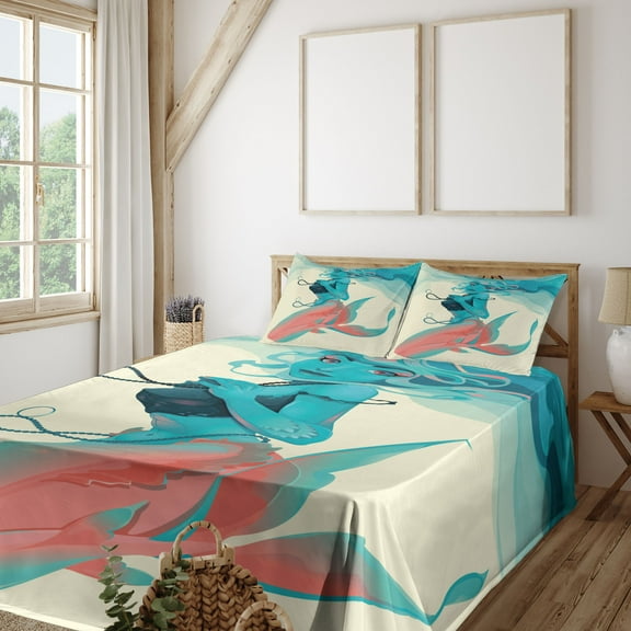 Ambesonne Mermaid Fitted & Top Sheet Set with Shams, Gothic Mermaid Portrait Art, Cream Teal and Pink