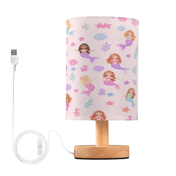 Mermaid Shell Table Lamp, Fully Dimmable Nightstand Lamp with USB and Linen Fabric Shade, Modern Gifts for Bedroom, Living Room, Office