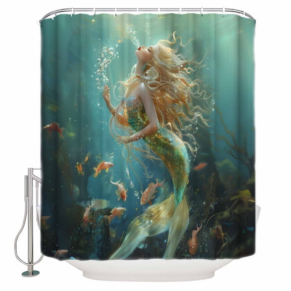 Mermaid Shower Curtain, 36" x 72", Ocean Fish Waterproof Bathroom Curtain Washable Shower Curtain Set with 12 Hooks