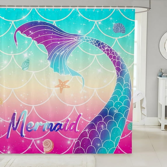 Mermaid Shower Curtain 72" Wx72 L,Rainbow Mermaid Fish Scales Bathroom Shower Curtain Sets,Mermaid Tail Waterproof Fabric Shower Curtain,Ombre Teal Purple Ocean Themed Bath Curtain