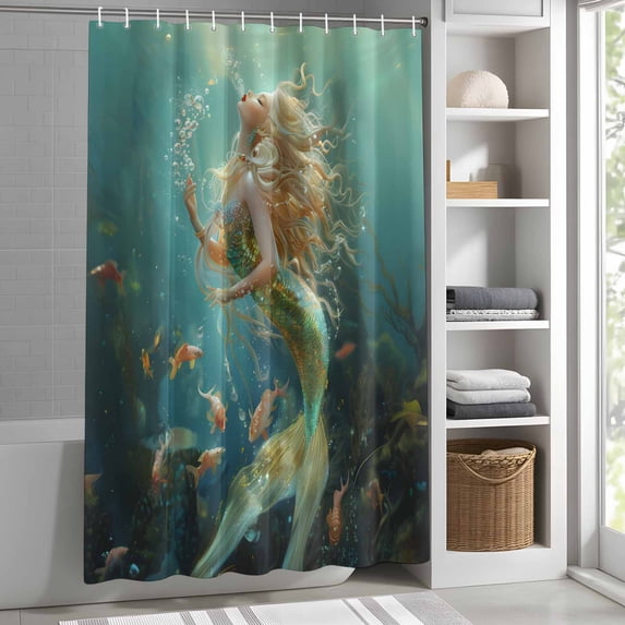 Mermaid Shower Curtain for Bathroom, Ocean Coral Water Fish Fabric Shower Curtain Set with Hooks, Waterproof Washable Bath Curtain for Bathroom Decor, 72"x78"