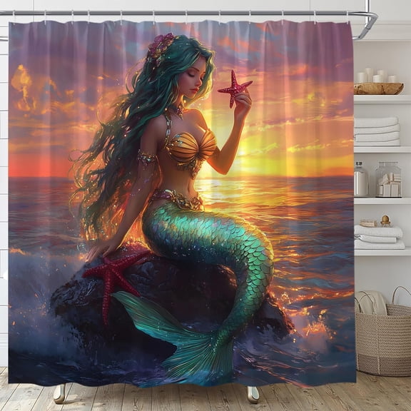 Mermaid Shower Curtain, Fantasy Ocean Sunset, Starfish, Coastal Sea Waves and Modern Nautical Art Decor 36"W x 72"H
