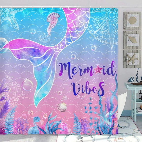 Mermaid Shower Curtain, Mermaid Fish Tail Scale Colorful Ocean Theme Girls Cute Waterproof Fabric Bathroom Curtains, Pink Blue Purple Kids Ocean Bathroom Shower Curtain with 12PCS Hooks, 70X70IN