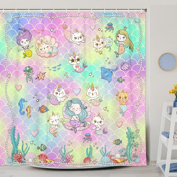 Mermaid Shower Curtain, Funny Unicorn Cat Mermaid and seahorse jellyfish Sea Theme Waterproof Fabric Bathroom Curtains, Pearl Colorful Scales Bathroom Shower Curtain with 12PCS Hooks, 70X75IN