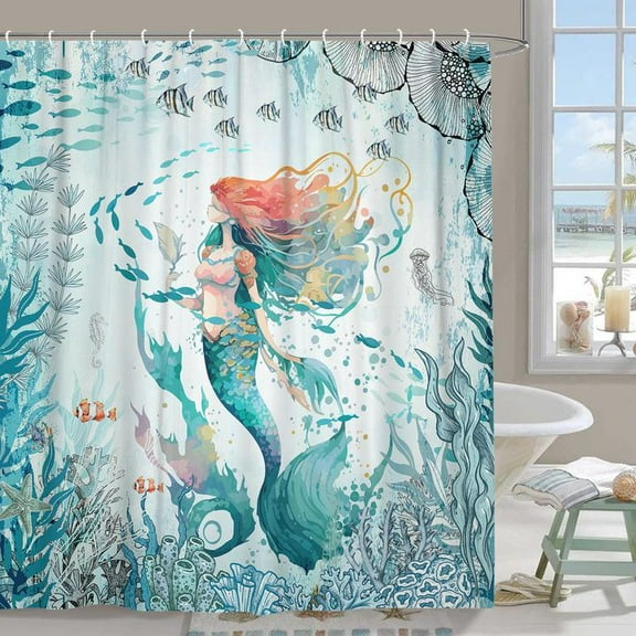 Mermaid Shower Curtain for Kids, Green Teal Beach Shower Curtain Set for Bathroom, Sea Ocean Fish Fabric Shower Curtain Restroom Bathtub Decor Accessories with Hooks 36X 72 inch