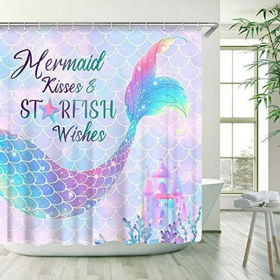 Mermaid Shower Curtain, Kids Shower Curtain, Fish Scale Ocean Theme Bathroom Curtain, 3D Purple and Fluorescent Blue Mermaid Tail Shower Curtain 12 Hooks (72x72)