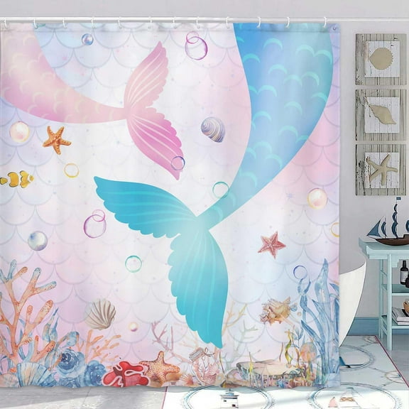Mermaid Shower Curtain, Mermaid Fish Tail Scale Colorful Ocean Theme Girls Cute Waterproof Fabric Bathroom Curtains, Pink Blue Kids Ocean Bathroom Shower Curtain with 12PCS Hooks, 70X70IN