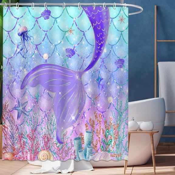 Mermaid Shower Curtain Mermaid Tail Scale Bathroom Curtain for Girls Cute Purple Waterproof Fabric Shower Curtain Set with 12 Hooks 72x72 Inches