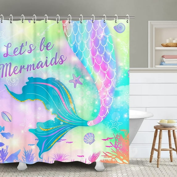 Mermaid Shower Curtain, Mermaid Tail Shower Curtain for Kids Bathroom Fish Scale Ocean Theme Bath Curtain Home Decoration with 12 Hooks 72 Inch Shower Curtain