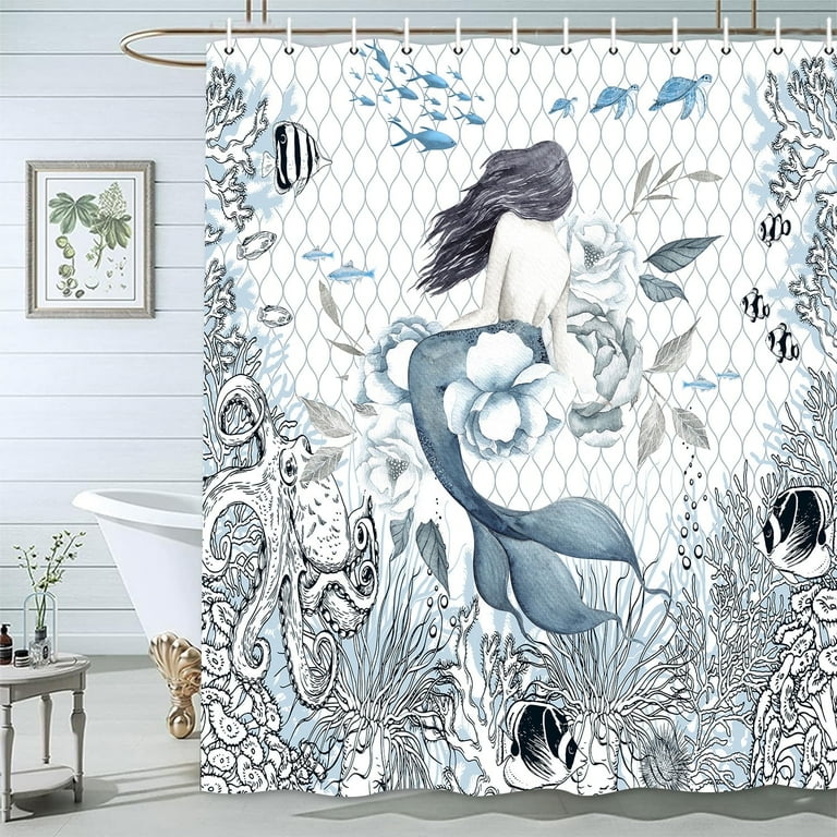 Shark Fabric Shower Curtain Beach Ocean Bathroom Accessories Coastal Home Decor