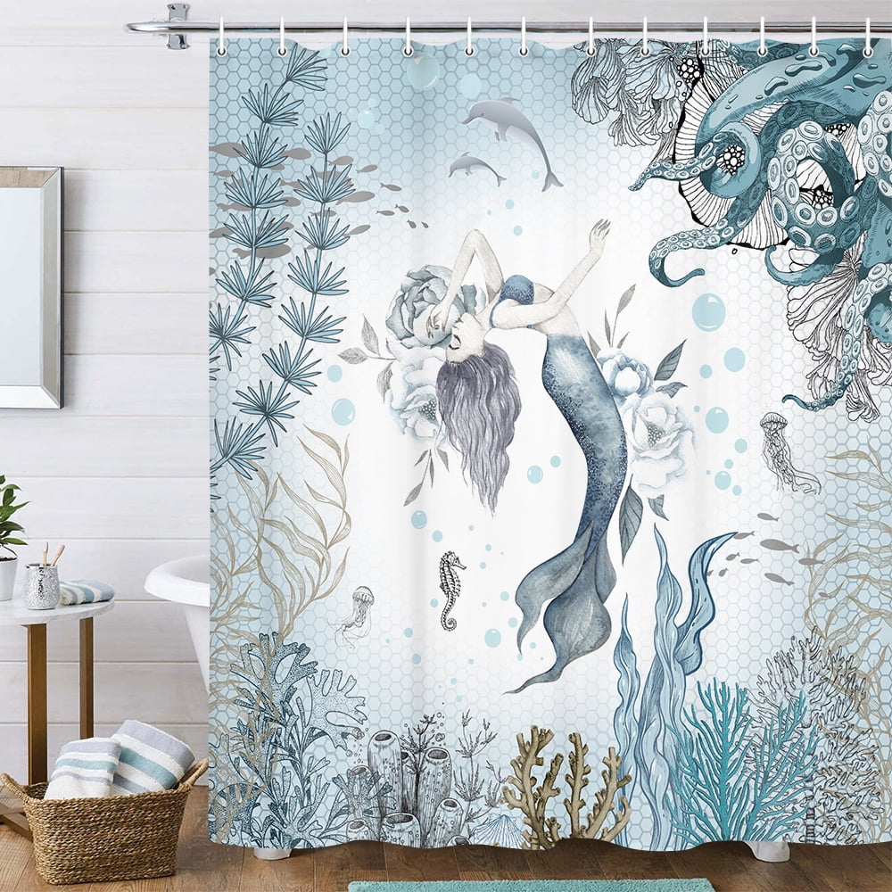Mermaid Shower Curtain, Sea Ocean Octopus Coral Reef Fish Seashell