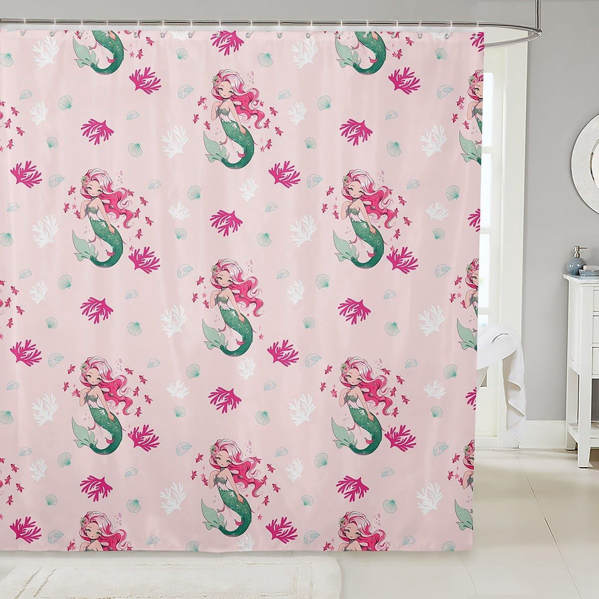 Mermaid Shower Curtain Set Pastel Pink Coral Fish Shower Curtain for ...