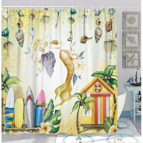 Mermaid Shower Curtain, Summer Beach Surfboard Cabin Mermaid Theme Waterproof Fabric Bathroom Curtains, Yellow Beach Seashell Bathroom Shower Curtain with 12PCS Hooks, 36X70IN