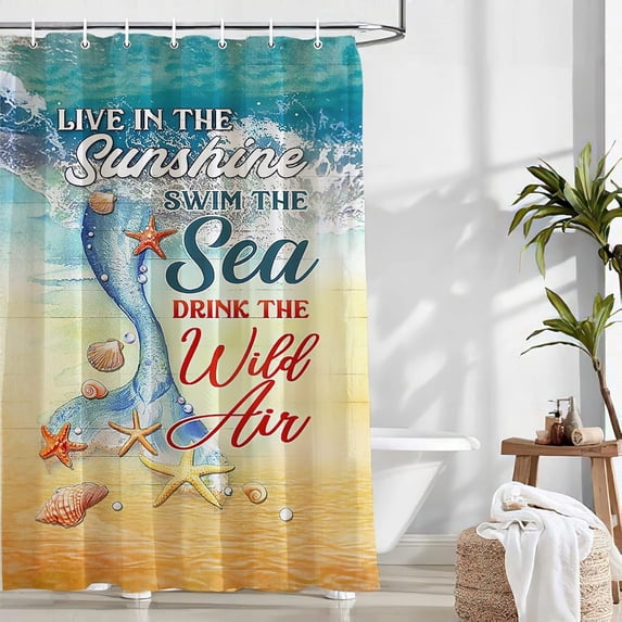 Mermaid Shower Curtain Summer Ocean Beach Bathroom Decor Nautical Shower Curtain Fabric Polyester Waterproof with Plastic Hooks 72" X 72"