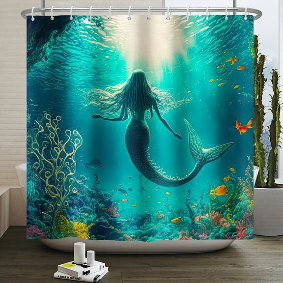 Mermaid Shower Curtain Tropical Fish Mysterious Sea Animals Blue Ocean Coral Nautical Underwater World Coastal Bathroom Decor with Hooks,72"x72"