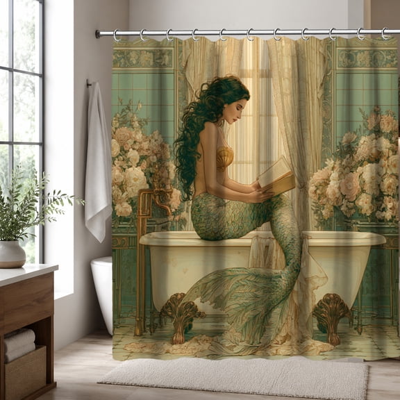 Mermaid Shower Curtain, Vintage Green Mermaid Reading in Bathtub Bathroom Decor, Elegant Floral Fantasy Bath Curtain, Victorian Cottagecore Bathroom Accessories, 70.87 x 70.87 Inch
