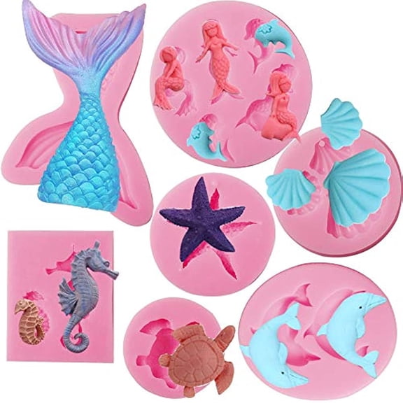 Mermaid Silicone molds Sea Horse Dolphin Sea Turtle Starfish Shell Fondant molds Silicone for Sugarcraft Cake Decorating Topper Candy Chocolate Wax Polymer Clay Fondant Resin Making