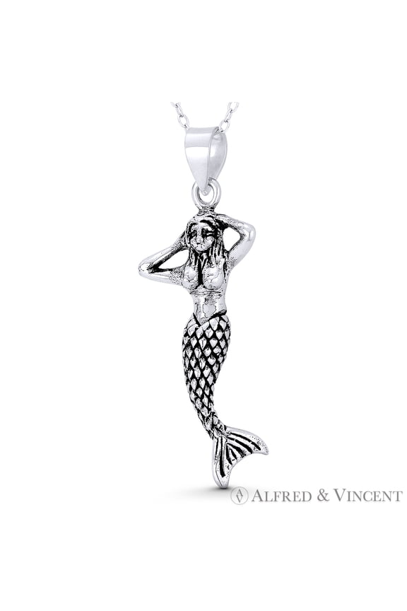 Mermaid / Siren Mythical Creature Charm 44x16mm (1.7x0.6in) 3D Pendant & Chain Necklace in Oxidized .925 Sterling Silver